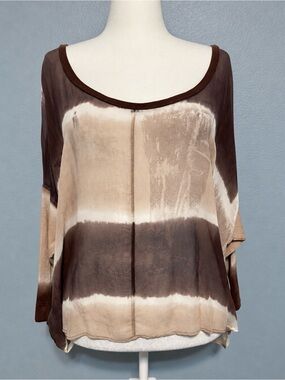 Language Los Angeles Brown Cream Silk Tunic Top Ombre Blouse Boho Y2K Medium